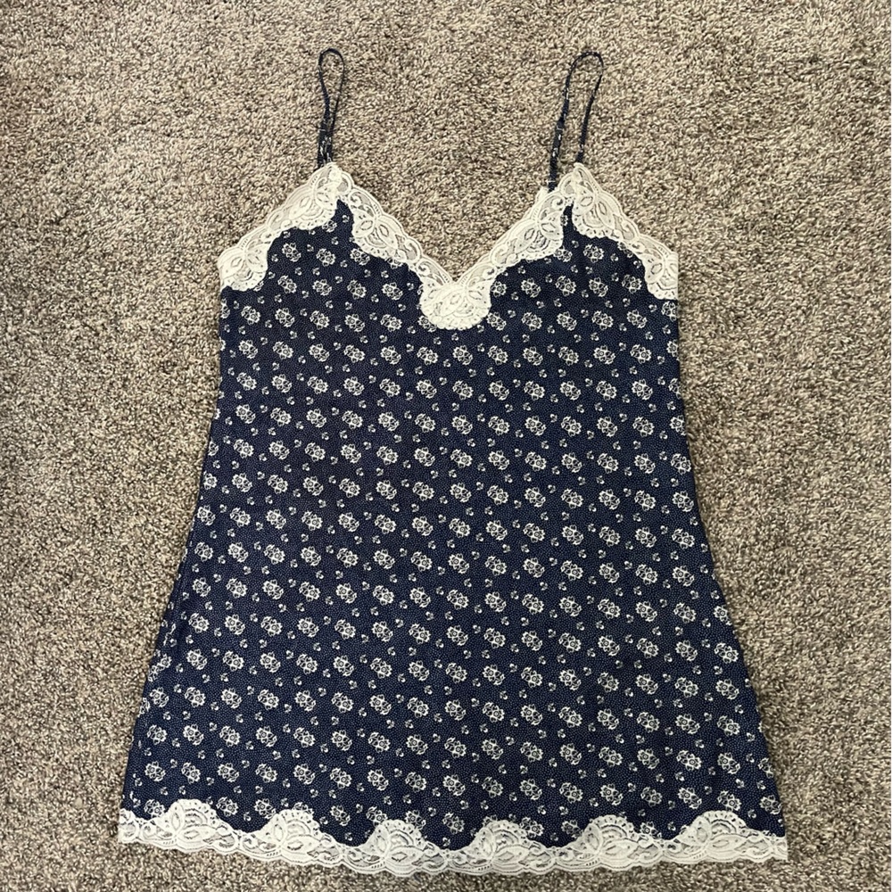 Vintage Gold Label Victoria’s Secret Lace Floral Slip Mini Dress Navy Blue Sz M